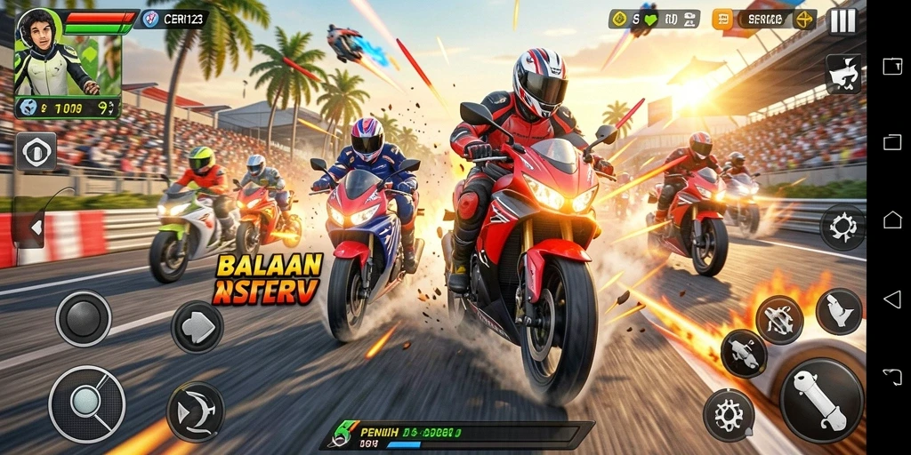 Screenshot gameplay CERI123 yang menampilkan aksi balapan motor yang mendebarkan.