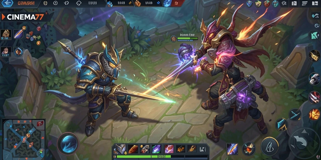 Screenshot gameplay CINEMA77 dengan aksi pertempuran MOBA yang mendebarkan.