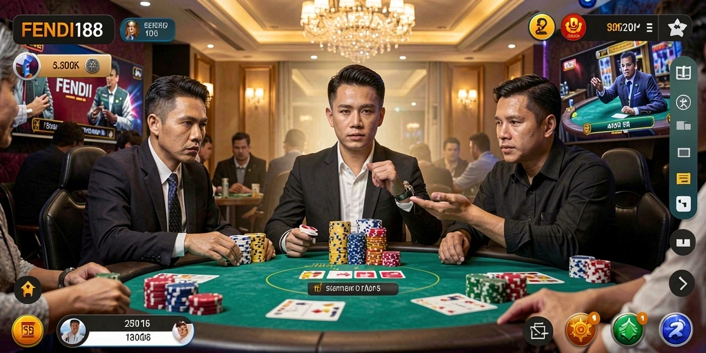 Tangkapan layar gameplay FENDI188 menampilkan suasana permainan Poker yang mendebarkan.