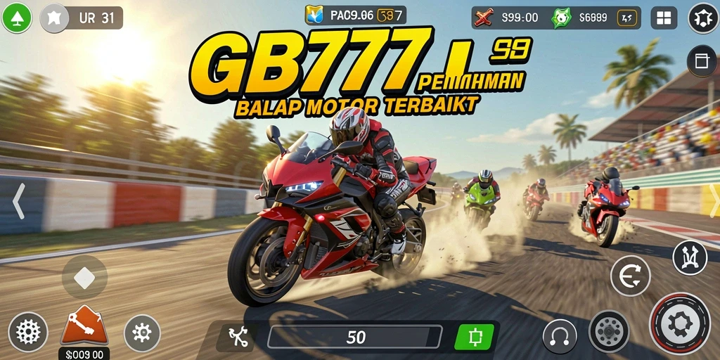 Tampilan gameplay GB777 yang mendebarkan dengan balapan motor yang intens.