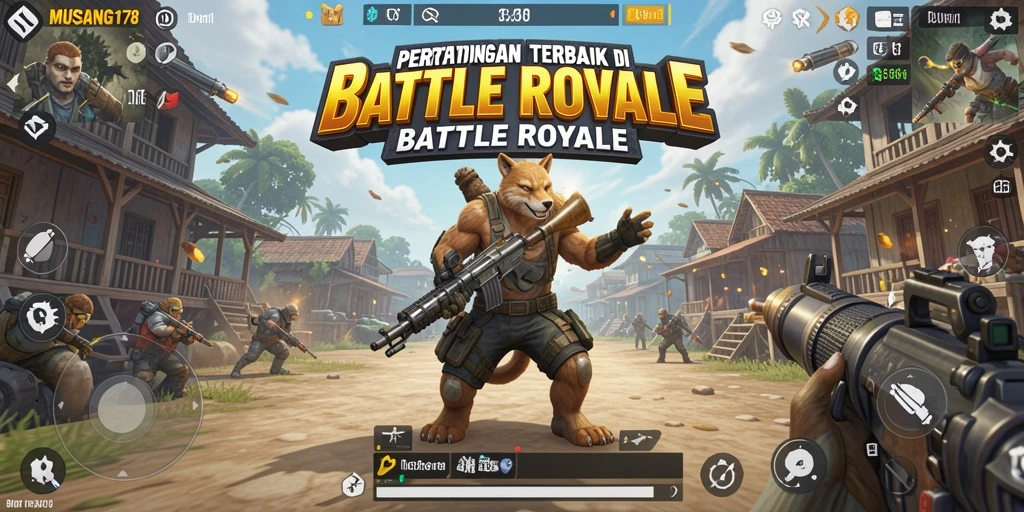 Tangkapan layar utama MUSANG178 menampilkan aksi seru di medan perang Battle Royale.