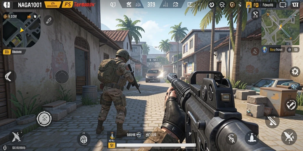 Screenshot gameplay NAGA1001 menampilkan aksi pertempuran FPS yang menegangkan.