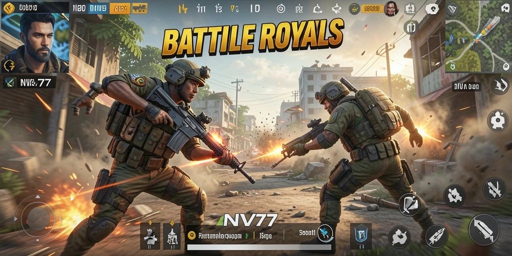 Tampilan utama gameplay NV77 yang mendebarkan dalam pertempuran Battle Royale.