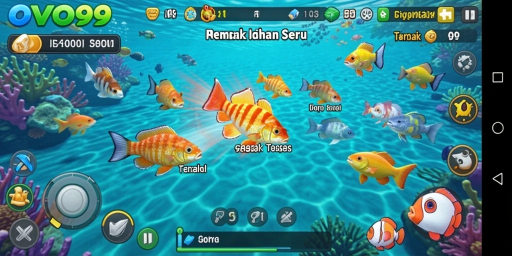 Tampilan gameplay OVO99 yang penuh warna dan seru dalam menembak ikan.