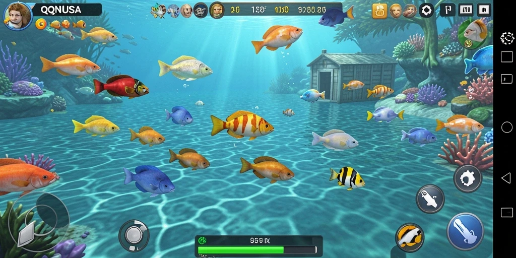 Screenshot gameplay QQNUSA menampilkan aksi memancing ikan yang seru.