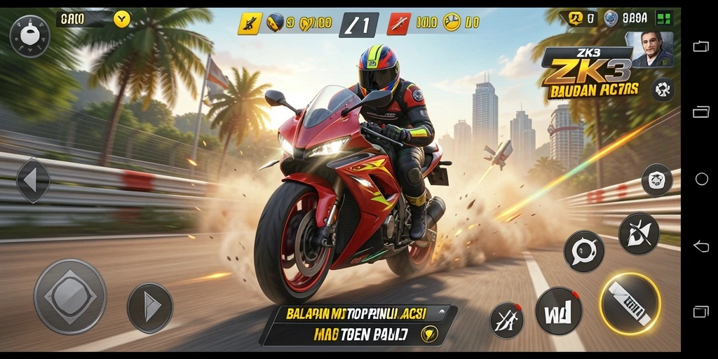 Screenshot gameplay ZK3 menampilkan aksi balapan motor yang intens.